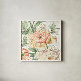 Cottage Roses VI by Sue Schlabach. Shown in a crisp white glass frame for a clean and minimalist style. Available as an archival giclee rolled canvas, fine art paper, or poster print. SKU 31616a.