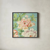 Cottage Roses VI Bright by Sue Schlabach. Shown in a sleek black glass frame for a contemporary gallery look. Available as an archival giclee rolled canvas, fine art paper, or poster print. SKU 31604a.