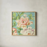 Cottage Roses VI Bright by Sue Schlabach. Shown in a natural wood glass frame for a timeless modern aesthetic. Available as an archival giclee rolled canvas, fine art paper, or poster print. SKU 31604a.