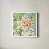 Cottage Roses VI Bright by Sue Schlabach. Shown in a crisp white glass frame for a clean and minimalist style. Available as an archival giclee rolled canvas, fine art paper, or poster print. SKU 31604a.