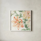 Cottage Roses VII by Sue Schlabach. Shown in a crisp white glass frame for a clean and minimalist style. Available as an archival giclee rolled canvas, fine art paper, or poster print. SKU 31617a.