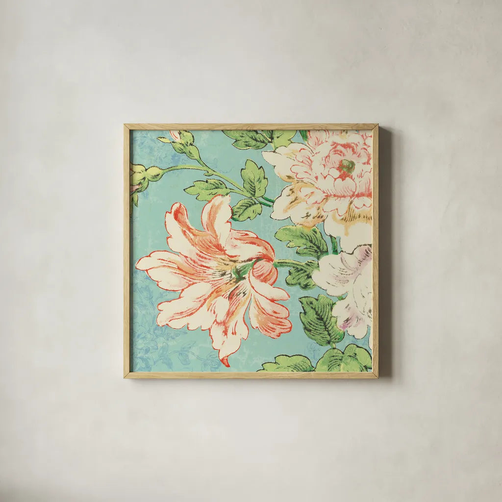 Cottage Roses VII Bright by Sue Schlabach. Shown in a natural wood glass frame for a timeless modern aesthetic. Available as an archival giclee rolled canvas, fine art paper, or poster print. SKU 31605a.