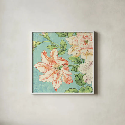 Cottage Roses VII Bright by Sue Schlabach. Shown in a crisp white glass frame for a clean and minimalist style. Available as an archival giclee rolled canvas, fine art paper, or poster print. SKU 31605a.