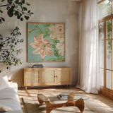 Cottage Roses VII Bright by Sue Schlabach. Shown in a natural wood frame in a cozy modern living room. Available as an archival giclee rolled canvas, fine art paper, or poster print. SKU 31605a.