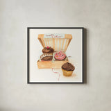 Cupcake Quartet by Sue Schlabach. Shown in a sleek black glass frame for a contemporary gallery look. Available as an archival giclee rolled canvas, fine art paper, or poster print. SKU 9199a.