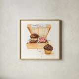 Cupcake Quartet by Sue Schlabach. Shown in a natural wood glass frame for a timeless modern aesthetic. Available as an archival giclee rolled canvas, fine art paper, or poster print. SKU 9199a.