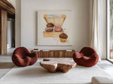 Cupcake Quartet by Sue Schlabach. Shown as extra-large giant wall art in a modern living room. Available as an archival giclee rolled canvas, fine art paper, or poster print. SKU 9199a.