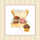 Cupcake Quartet on Stripes by Sue Schlabach. SKU 100847a. Archival Giclee Fine art print for wall decor.