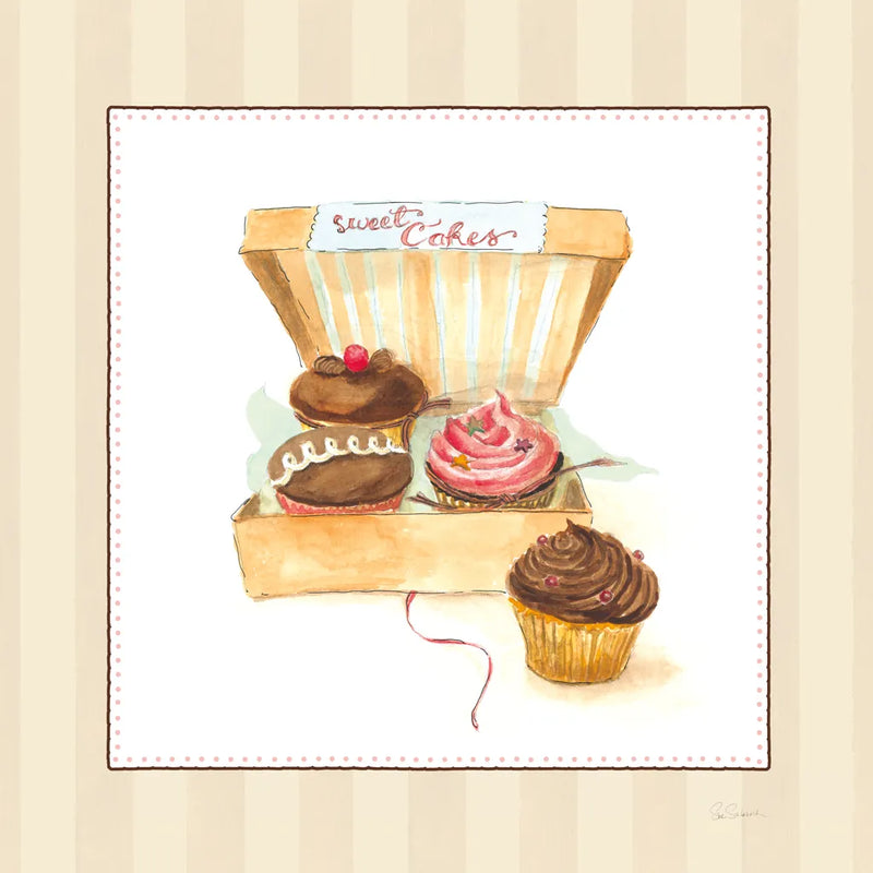 Cupcake Quartet on Stripes by Sue Schlabach. SKU 100847a. Archival Giclee Fine art print for wall decor.