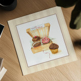 Cupcake Quartet on Stripes by Sue Schlabach. Shown as a detailed flat fine art print, highlighting archival giclee quality. Available as an archival giclee rolled canvas, fine art paper, or poster print. SKU 100847a.