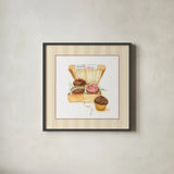 Cupcake Quartet on Stripes by Sue Schlabach. Shown in a sleek black glass frame for a contemporary gallery look. Available as an archival giclee rolled canvas, fine art paper, or poster print. SKU 100847a.