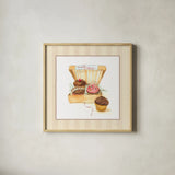 Cupcake Quartet on Stripes by Sue Schlabach. Shown in a natural wood glass frame for a timeless modern aesthetic. Available as an archival giclee rolled canvas, fine art paper, or poster print. SKU 100847a.