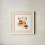 Cupcake Quartet on Stripes by Sue Schlabach. Shown in a crisp white glass frame for a clean and minimalist style. Available as an archival giclee rolled canvas, fine art paper, or poster print. SKU 100847a.