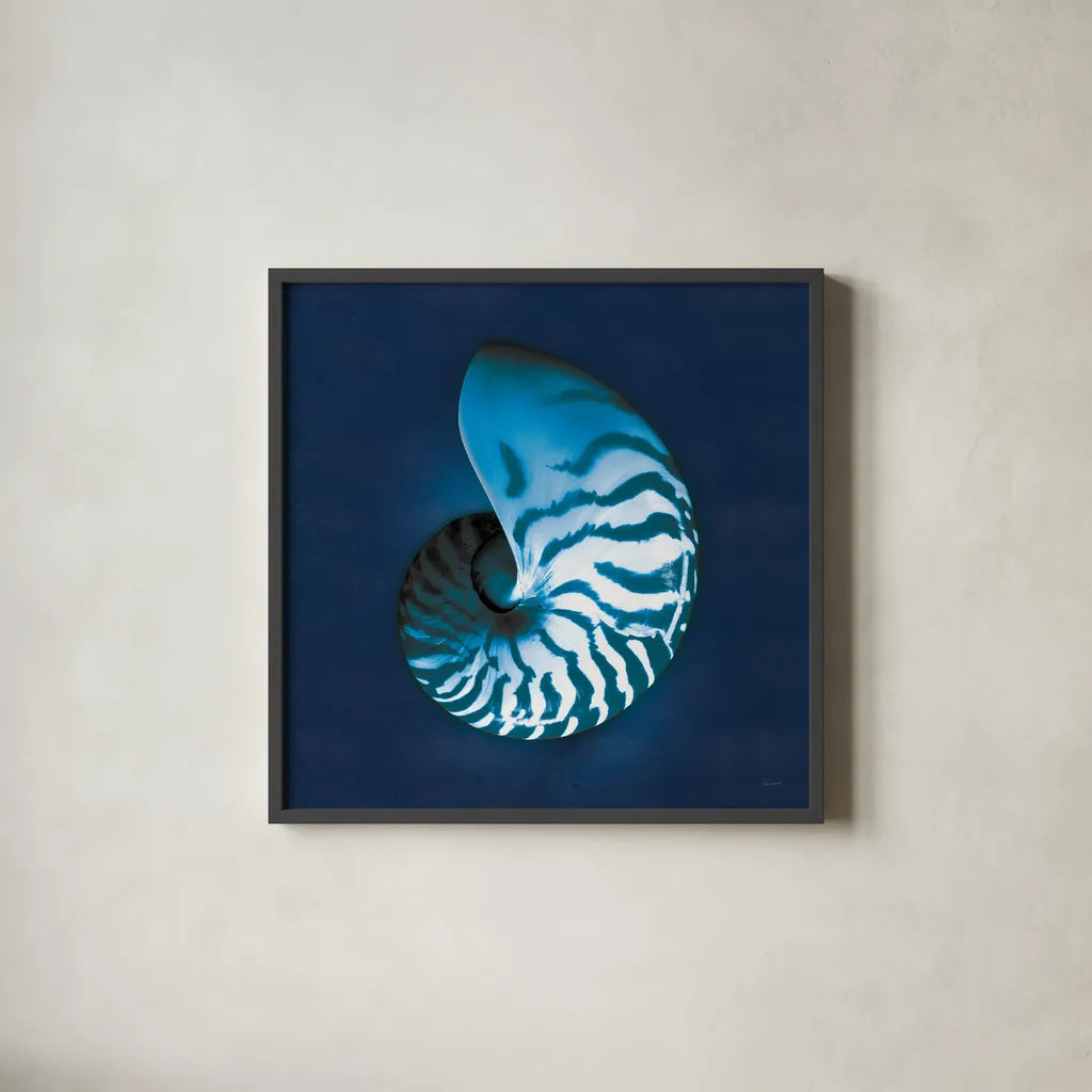 Cyanotype Sea I by Sue Schlabach. Shown in a sleek black glass frame for a contemporary gallery look. Available as an archival giclee rolled canvas, fine art paper, or poster print. SKU 32594a.