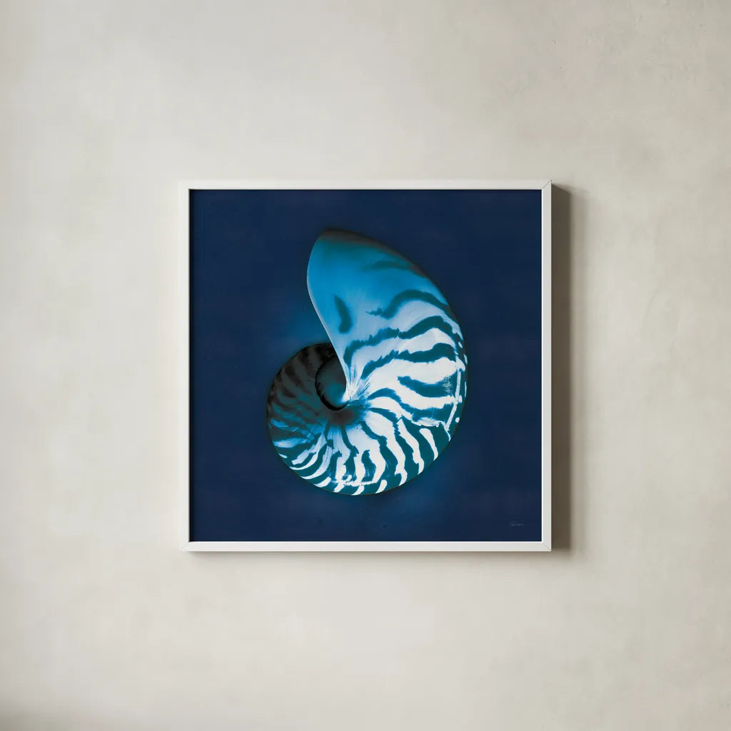 Cyanotype Sea I by Sue Schlabach. Shown in a crisp white glass frame for a clean and minimalist style. Available as an archival giclee rolled canvas, fine art paper, or poster print. SKU 32594a.