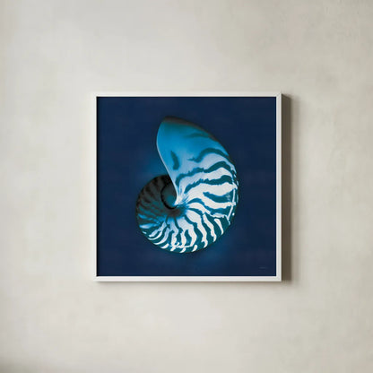 Cyanotype Sea I by Sue Schlabach. Shown in a crisp white glass frame for a clean and minimalist style. Available as an archival giclee rolled canvas, fine art paper, or poster print. SKU 32594a.