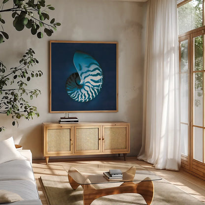 Cyanotype Sea I by Sue Schlabach. Shown in a natural wood frame in a cozy modern living room. Available as an archival giclee rolled canvas, fine art paper, or poster print. SKU 32594a.