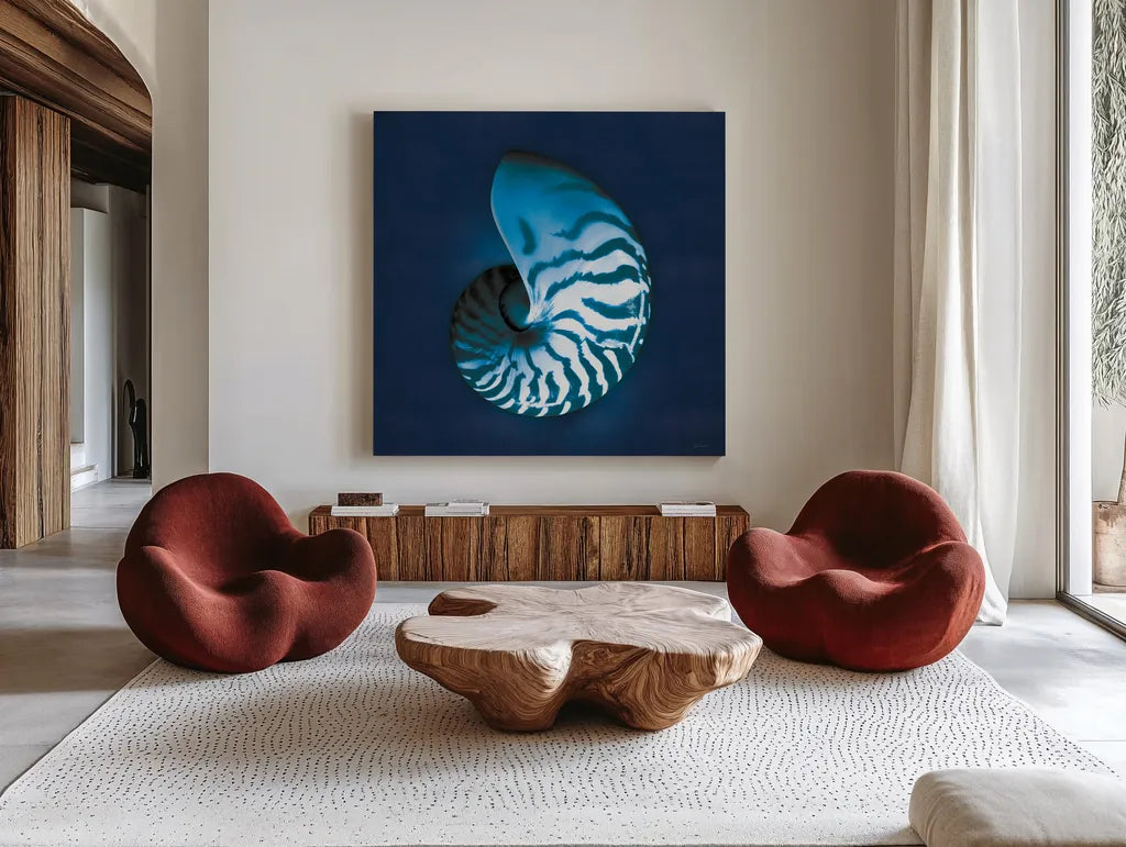Cyanotype Sea I by Sue Schlabach. Shown as extra-large giant wall art in a modern living room. Available as an archival giclee rolled canvas, fine art paper, or poster print. SKU 32594a.