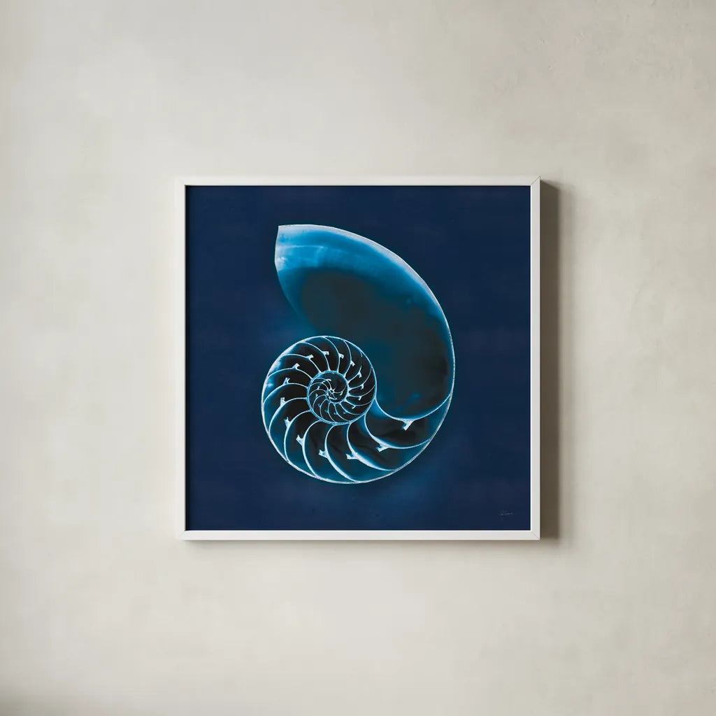Cyanotype Sea II by Sue Schlabach. Shown in a crisp white glass frame for a clean and minimalist style. Available as an archival giclee rolled canvas, fine art paper, or poster print. SKU 32595a.