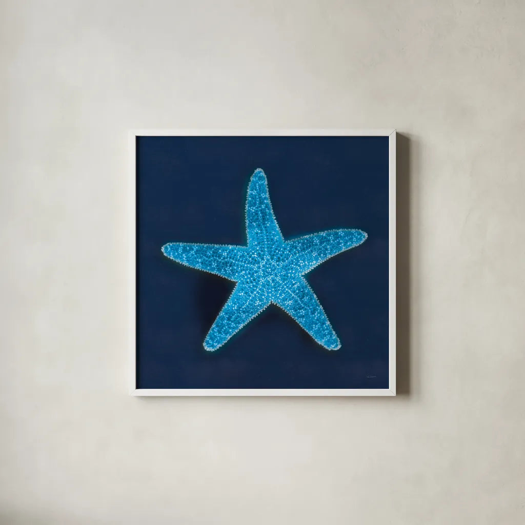 Cyanotype Sea III by Sue Schlabach. Shown in a crisp white glass frame for a clean and minimalist style. Available as an archival giclee rolled canvas, fine art paper, or poster print. SKU 32596a.