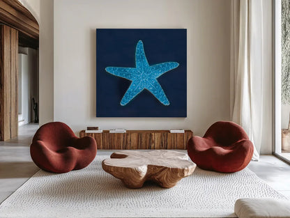 Cyanotype Sea III by Sue Schlabach. Shown as extra-large giant wall art in a modern living room. Available as an archival giclee rolled canvas, fine art paper, or poster print. SKU 32596a.