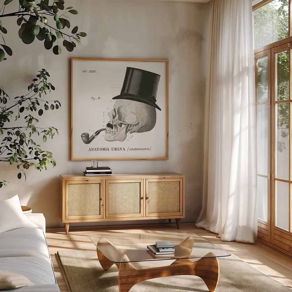 Dandy Bones II by Sue Schlabach. Shown in a natural wood frame in a cozy modern living room. Available as an archival giclee rolled canvas, fine art paper, or poster print. SKU 21819a.