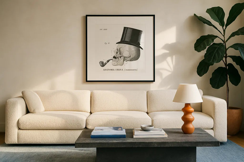 Dandy Bones II by Sue Schlabach. Displayed in a glass frame with matte in a clean modern living room. Available as an archival giclee rolled canvas, fine art paper, or poster print. SKU 21819a.