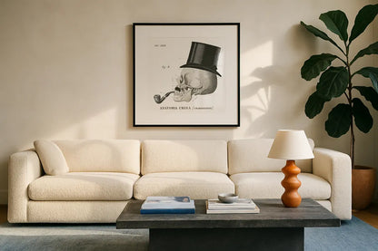 Dandy Bones II by Sue Schlabach. Displayed in a glass frame with matte in a clean modern living room. Available as an archival giclee rolled canvas, fine art paper, or poster print. SKU 21819a.