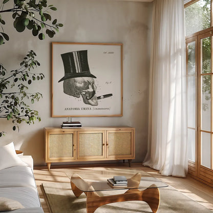 Dandy Bones III by Sue Schlabach. Shown in a natural wood frame in a cozy modern living room. Available as an archival giclee rolled canvas, fine art paper, or poster print. SKU 21820a.