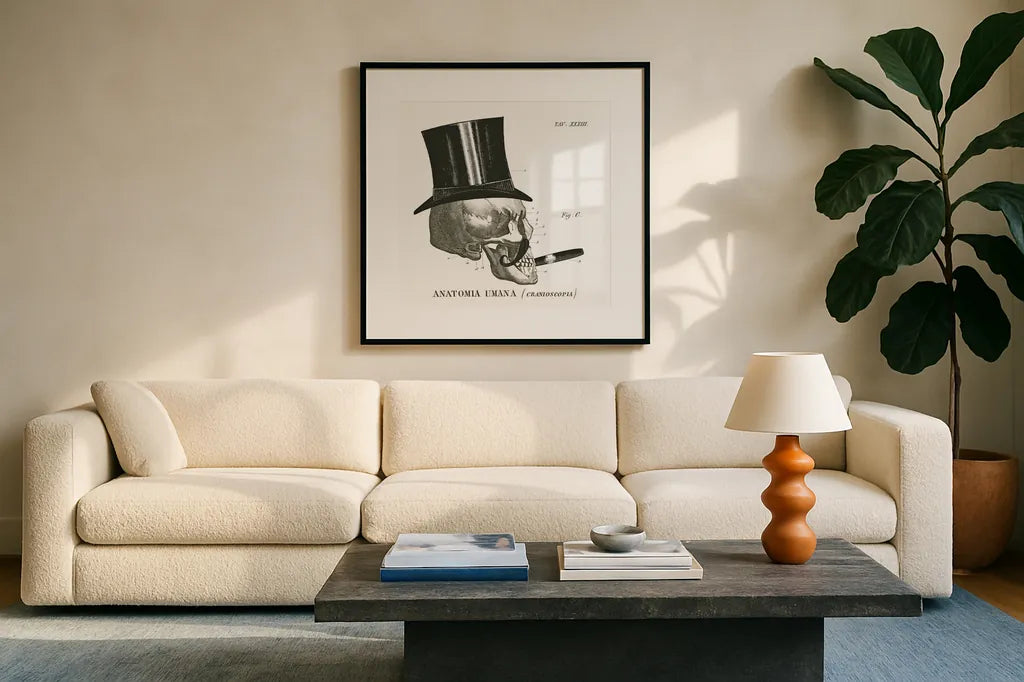 Dandy Bones III by Sue Schlabach. Displayed in a glass frame with matte in a clean modern living room. Available as an archival giclee rolled canvas, fine art paper, or poster print. SKU 21820a.