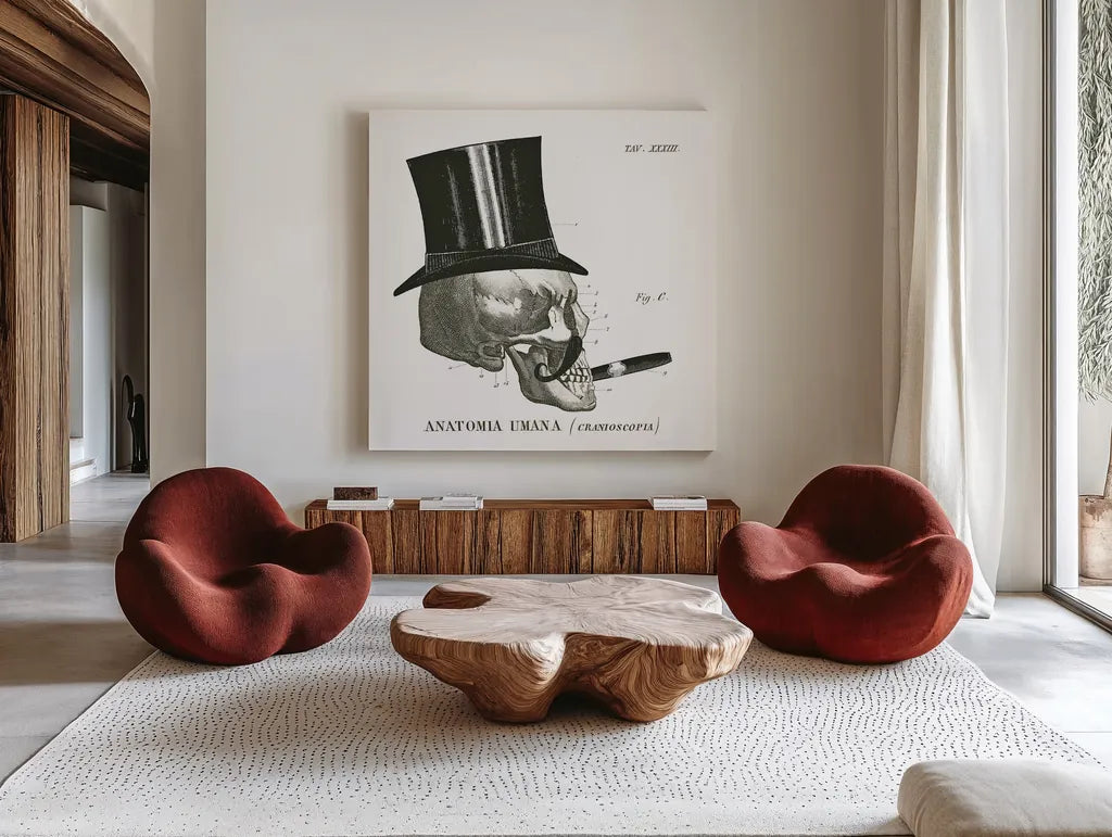 Dandy Bones III by Sue Schlabach. Shown as extra-large giant wall art in a modern living room. Available as an archival giclee rolled canvas, fine art paper, or poster print. SKU 21820a.