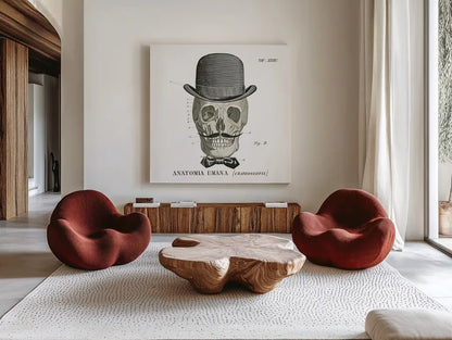 Dandy Bones IV by Sue Schlabach. Shown as extra-large giant wall art in a modern living room. Available as an archival giclee rolled canvas, fine art paper, or poster print. SKU 21821a.
