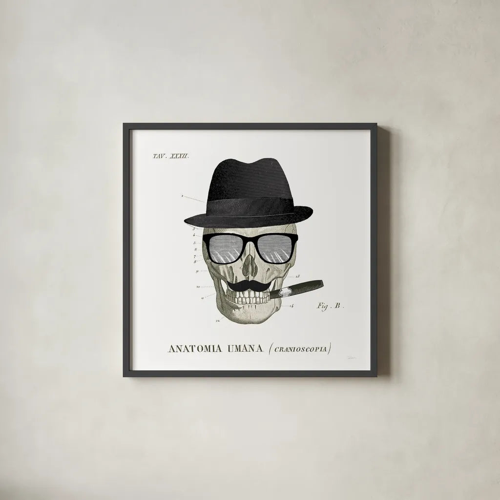Dandy Bones V by Sue Schlabach. Shown in a sleek black glass frame for a contemporary gallery look. Available as an archival giclee rolled canvas, fine art paper, or poster print. SKU 36814a.