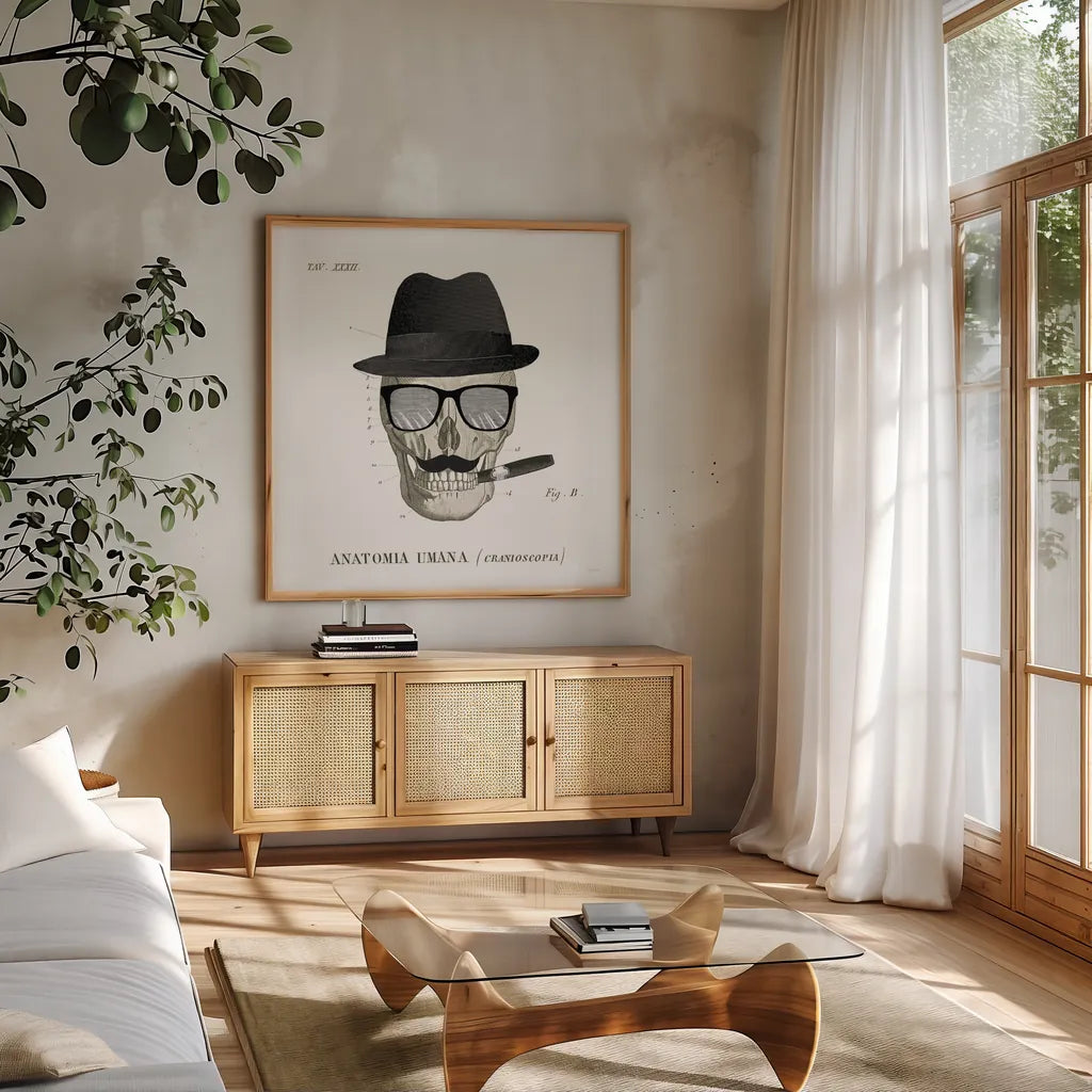 Dandy Bones V by Sue Schlabach. Shown in a natural wood frame in a cozy modern living room. Available as an archival giclee rolled canvas, fine art paper, or poster print. SKU 36814a.