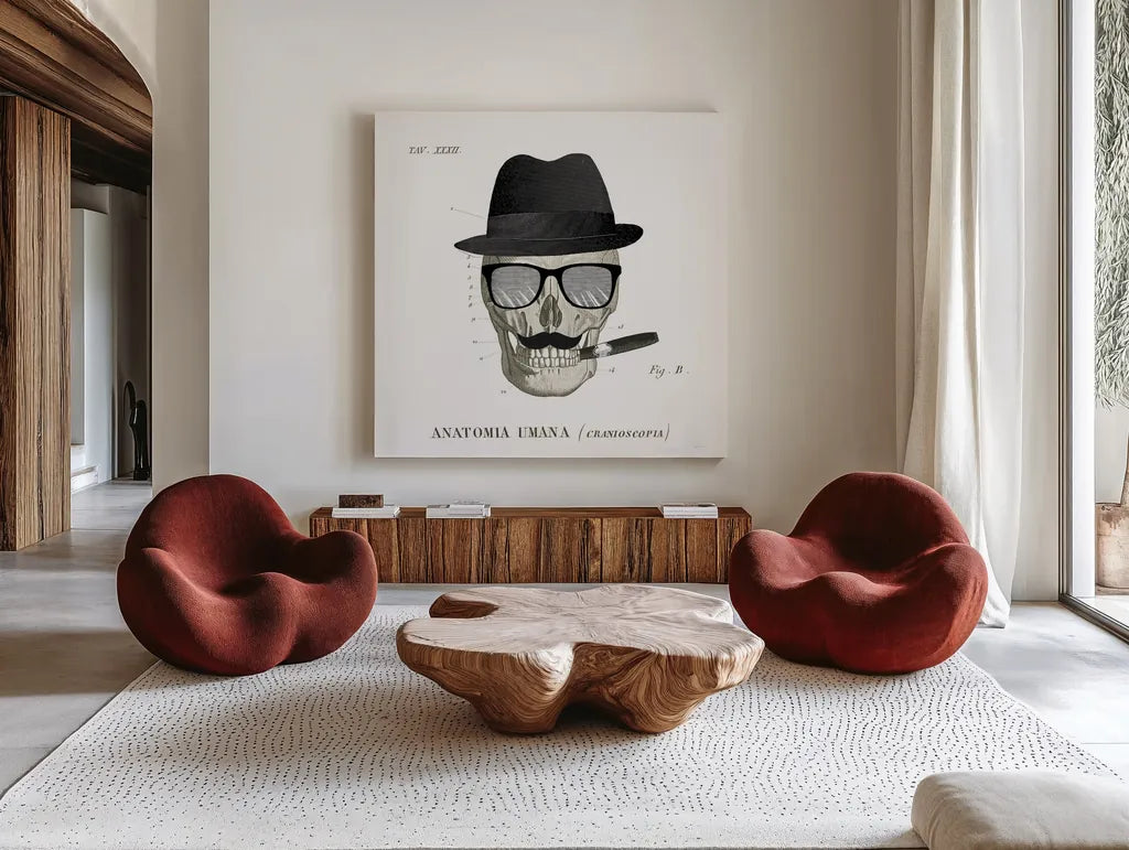 Dandy Bones V by Sue Schlabach. Shown as extra-large giant wall art in a modern living room. Available as an archival giclee rolled canvas, fine art paper, or poster print. SKU 36814a.