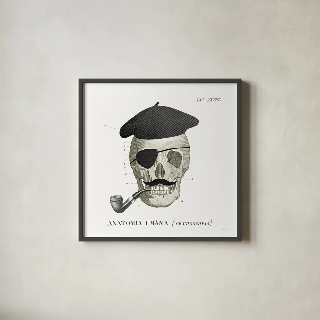 Dandy Bones VI by Sue Schlabach. Shown in a sleek black glass frame for a contemporary gallery look. Available as an archival giclee rolled canvas, fine art paper, or poster print. SKU 36815a.