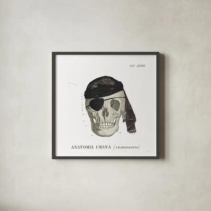 Dandy Bones VI Pirate by Sue Schlabach. Shown in a sleek black glass frame for a contemporary gallery look. Available as an archival giclee rolled canvas, fine art paper, or poster print. SKU 67443a.