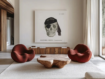 Dandy Bones VI Pirate by Sue Schlabach. Shown as extra-large giant wall art in a modern living room. Available as an archival giclee rolled canvas, fine art paper, or poster print. SKU 67443a.