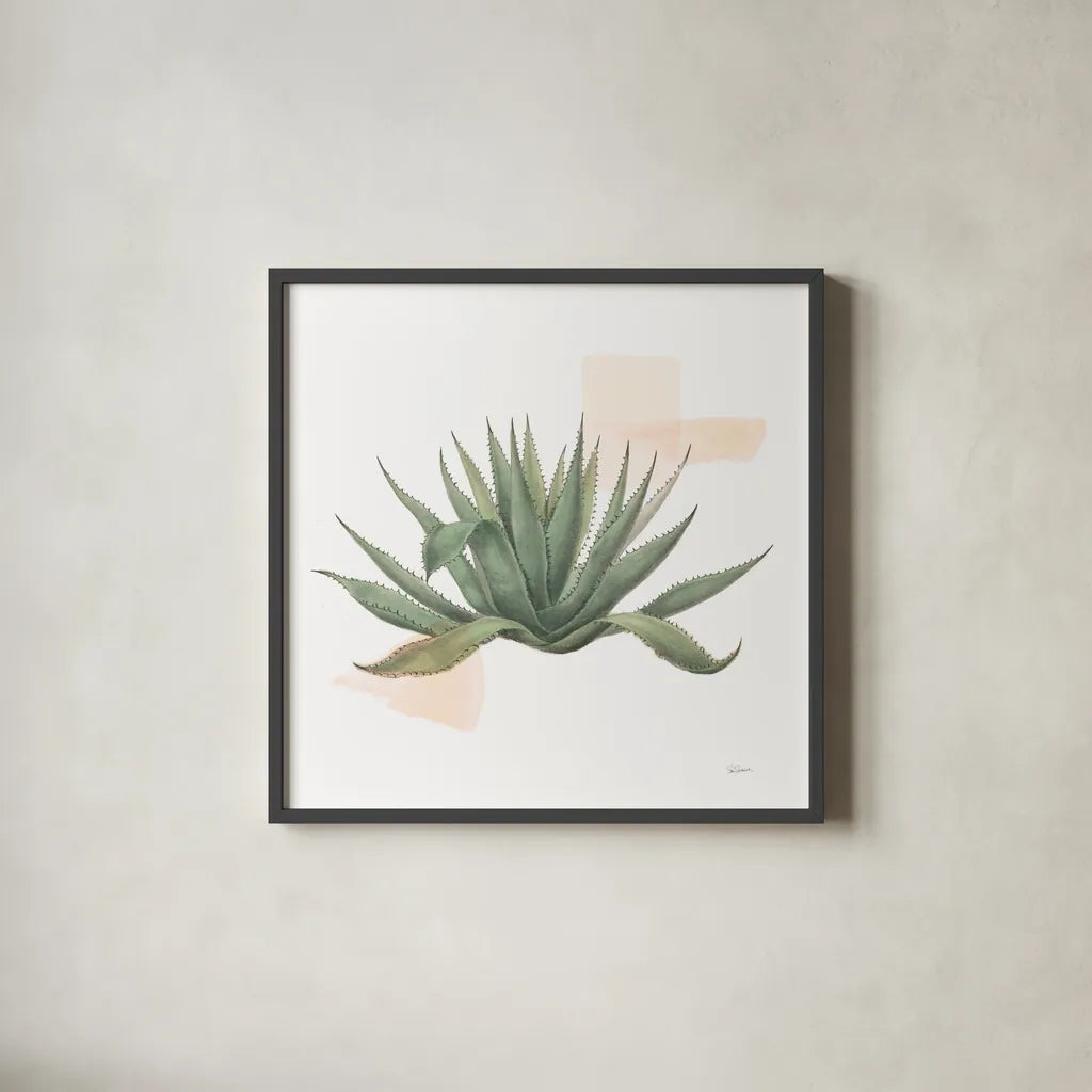 Desert Color Succulent I by Sue Schlabach. Shown in a sleek black glass frame for a contemporary gallery look. Available as an archival giclee rolled canvas, fine art paper, or poster print. SKU 51423a.