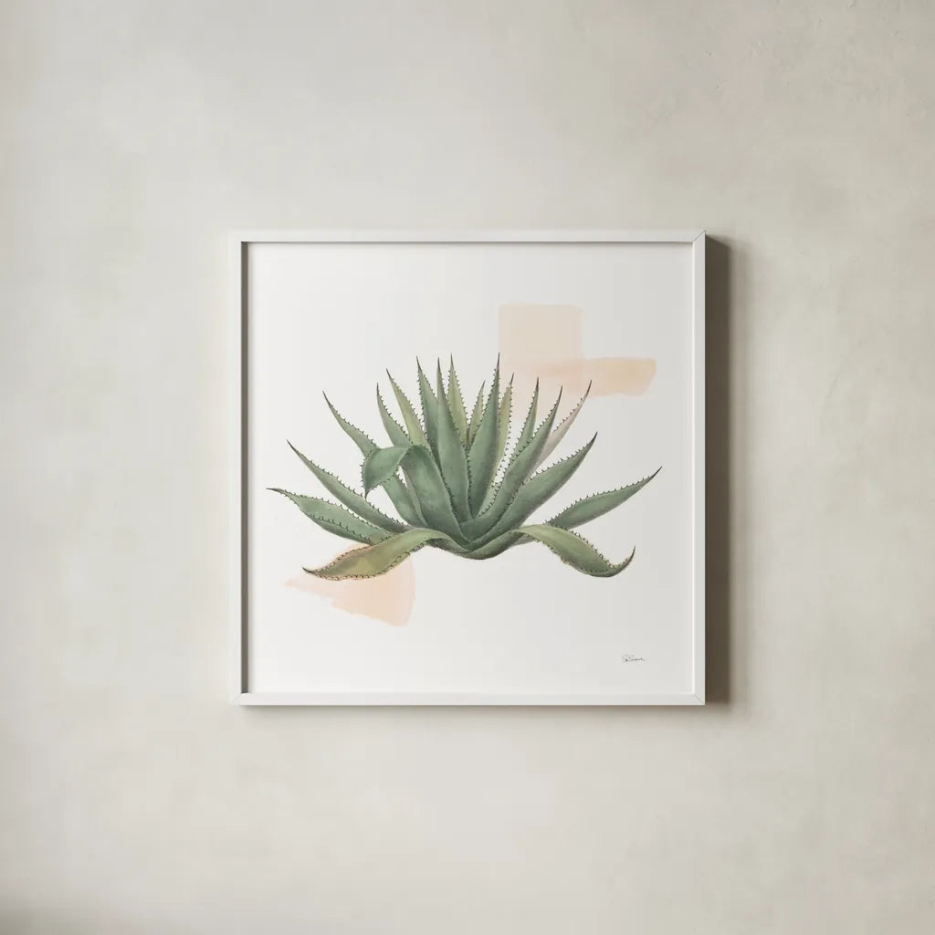 Desert Color Succulent I by Sue Schlabach. Shown in a crisp white glass frame for a clean and minimalist style. Available as an archival giclee rolled canvas, fine art paper, or poster print. SKU 51423a.