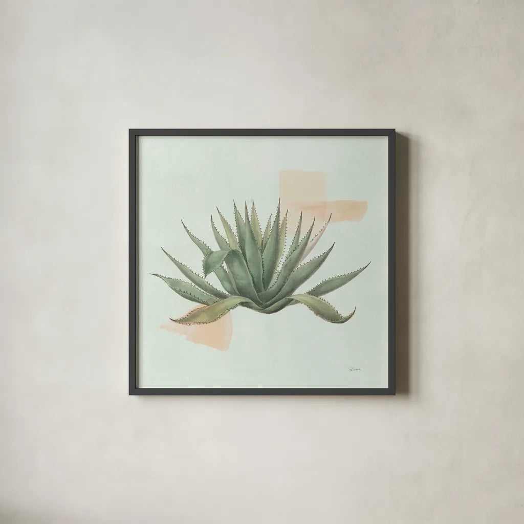 Desert Color Succulent I Mint by Sue Schlabach. Shown in a sleek black glass frame for a contemporary gallery look. Available as an archival giclee rolled canvas, fine art paper, or poster print. SKU 56050a.