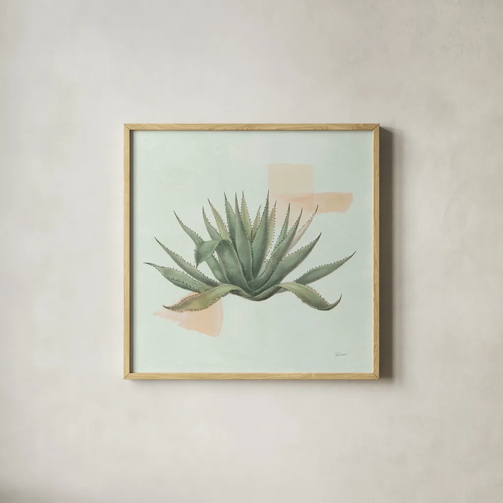 Desert Color Succulent I Mint by Sue Schlabach. Shown in a natural wood glass frame for a timeless modern aesthetic. Available as an archival giclee rolled canvas, fine art paper, or poster print. SKU 56050a.