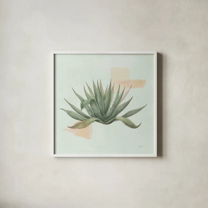 Desert Color Succulent I Mint by Sue Schlabach. Shown in a crisp white glass frame for a clean and minimalist style. Available as an archival giclee rolled canvas, fine art paper, or poster print. SKU 56050a.