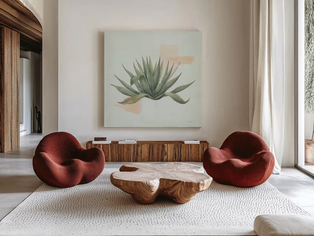 Desert Color Succulent I Mint by Sue Schlabach. Shown as extra-large giant wall art in a modern living room. Available as an archival giclee rolled canvas, fine art paper, or poster print. SKU 56050a.
