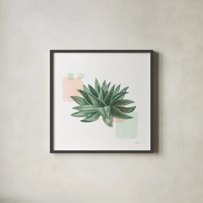 Desert Color Succulent II Mint by Sue Schlabach. Shown in a sleek black glass frame for a contemporary gallery look. Available as an archival giclee rolled canvas, fine art paper, or poster print. SKU 56051a.