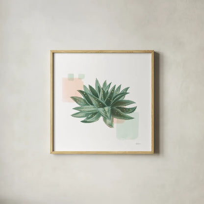 Desert Color Succulent II Mint by Sue Schlabach. Shown in a natural wood glass frame for a timeless modern aesthetic. Available as an archival giclee rolled canvas, fine art paper, or poster print. SKU 56051a.
