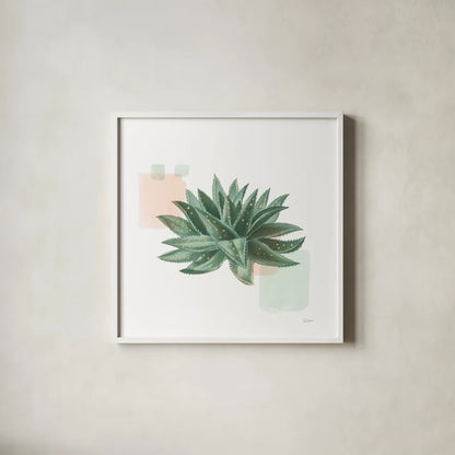 Desert Color Succulent II Mint by Sue Schlabach. Shown in a crisp white glass frame for a clean and minimalist style. Available as an archival giclee rolled canvas, fine art paper, or poster print. SKU 56051a.