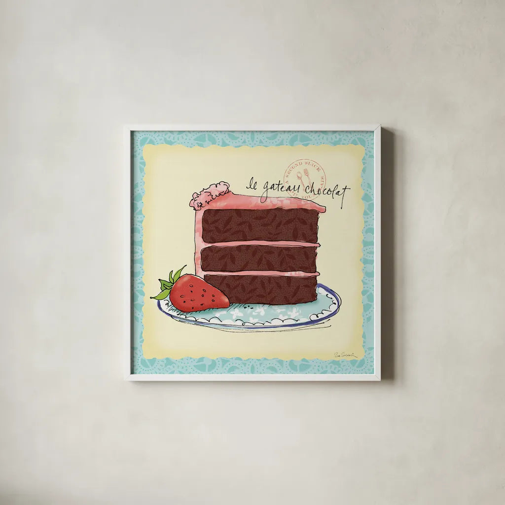 Dessert Please I by Sue Schlabach. Shown in a crisp white glass frame for a clean and minimalist style. Available as an archival giclee rolled canvas, fine art paper, or poster print. SKU 31790a.