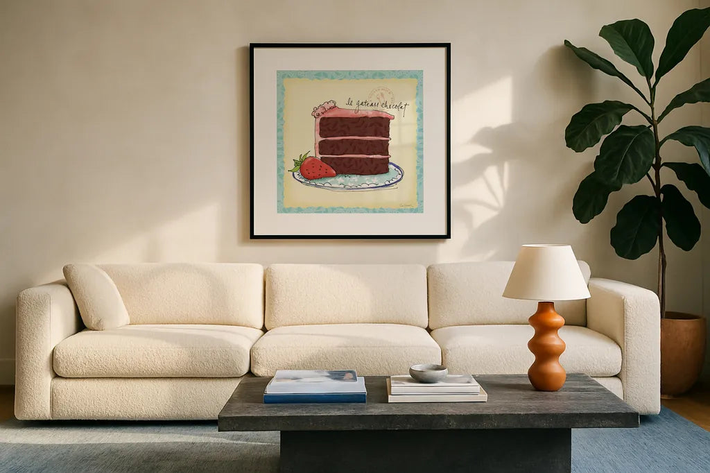 Dessert Please I by Sue Schlabach. Displayed in a glass frame with matte in a clean modern living room. Available as an archival giclee rolled canvas, fine art paper, or poster print. SKU 31790a.
