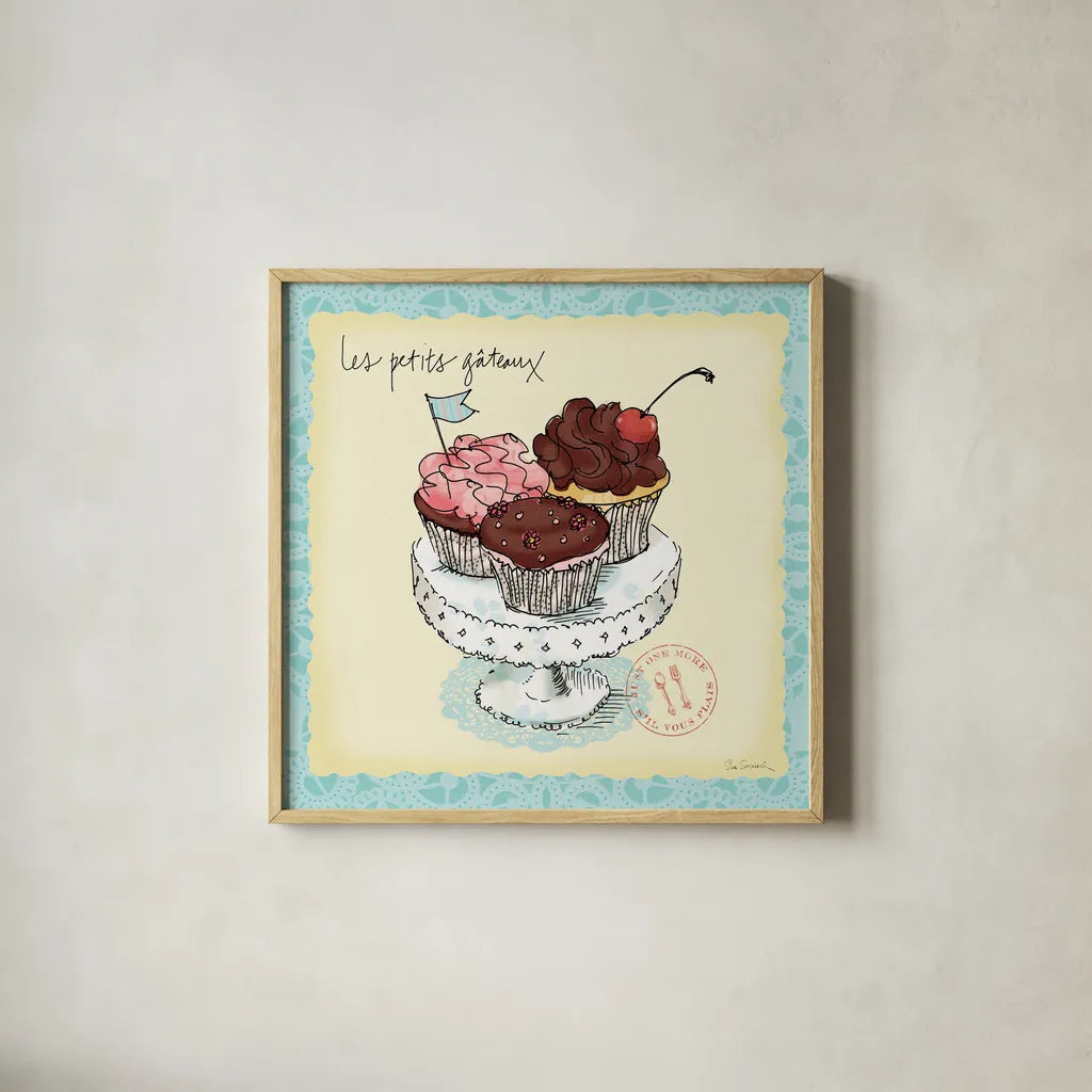 Dessert Please II by Sue Schlabach. Shown in a natural wood glass frame for a timeless modern aesthetic. Available as an archival giclee rolled canvas, fine art paper, or poster print. SKU 31791a.